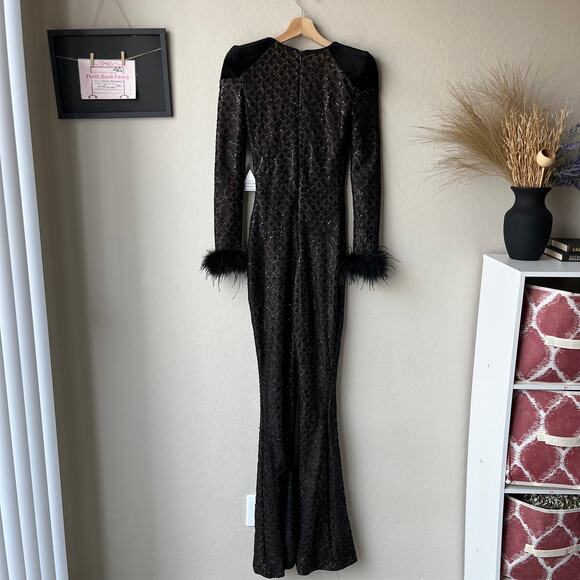 Nadine Merabi Rachel Black Lace Feather Trim Plunge V-Neck Jumpsuit 0 NWT‎ - Picture 8 of 9